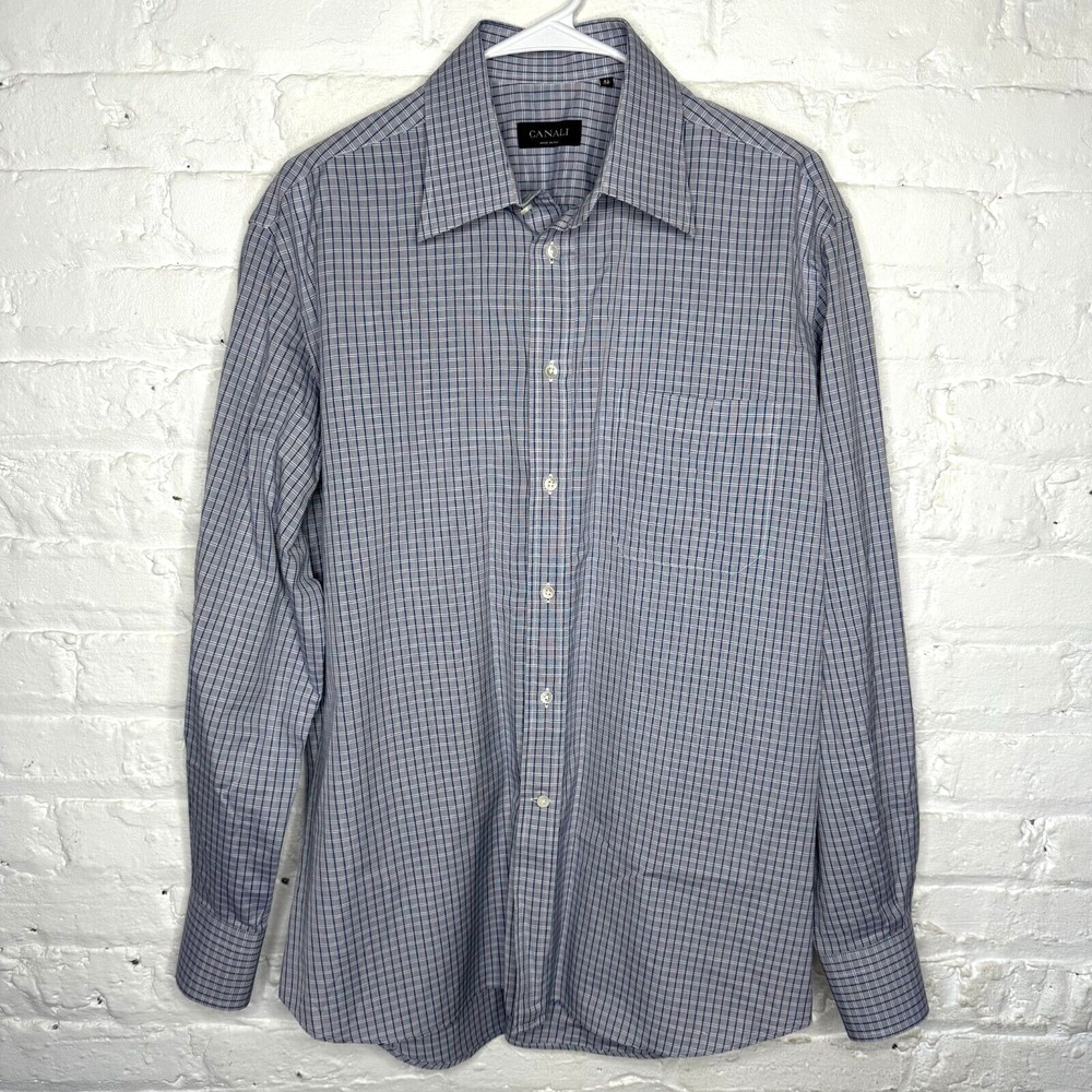 Canali Mens Button Front Shirt‎ Size 41 / 16  Blue White Luxury Made In Italy